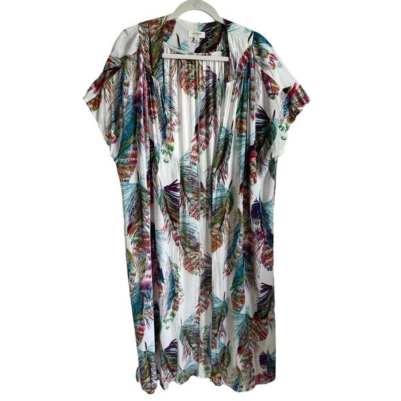 Umgee Kimono Duster Multicolor Feather Print Open Front Sz Large Boho Hippie - Picture 1 of 5